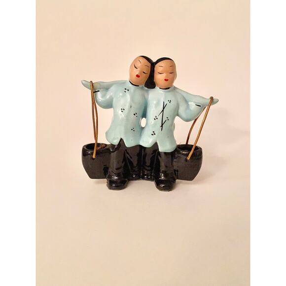 Vintage 1950s Asian Couple Carrying Water Buckets Figurine or Mini Planter - Picture 1 of 9